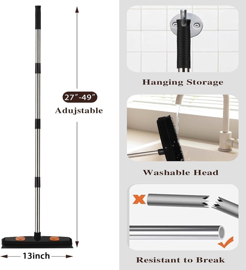 Bryquelin Pet Rubber Broom with 49inch Long Handle, Portable Detailing Lint Remover, Soft Push Broom for Fluff Carpet, Hardwood, Tile, Window (Black) - Image 5